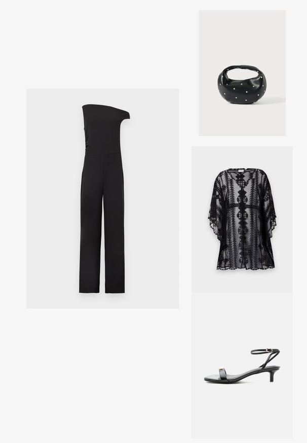 Kimono de encaje negro con bordados intrincados, que presenta un corte relajado, mangas cortas y bordes festoneados, mostrando patrones geométricos.; Mono negro sin mangas con diseño de un solo hombro y pantalones de pierna ancha sobre un fondo claro y liso.; Sandalia de cuero negro con punta abierta, tacón bajo tipo ‘‘kitten’’, tirante fino en el tobillo con hebilla dorada y detalle decorativo dorado en la tira delantera.; Bolso de mano de cuero negro con forma redondeada, decorado con detalles de tachuelas plateadas y un asa corta. Textura lisa y cierre con cremallera.