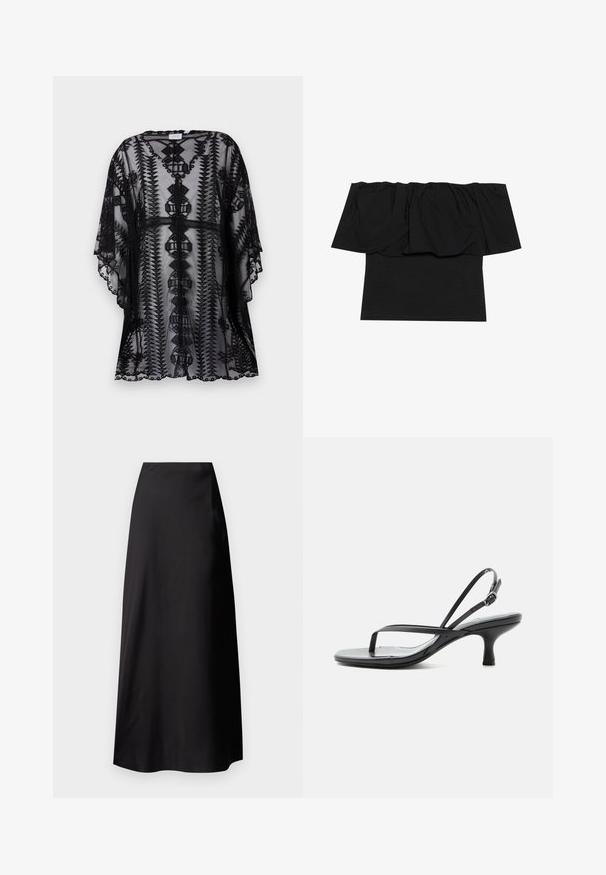 Sort blondel lace kimono med detaljeret broderi, der har en afslappet pasform, korte ærmer og bølgede kanter, som viser geometriske mønstre.; Sort off-shoulder top med foldet stof ved halsudskæringen, en tætsiddende tekstur ved kroppen og korte ærmer. Blødt, glat materiale.; Sort satin maxi nederdel med en glat tekstur, høj talje, flydende silhuet og uden synlige mønstre eller hardware-detaljer.; Sort sandal med tynde stropper, lav kittenhæl, tynd tællerem og justerbar ankelrem med sølvspænde, på hvid baggrund.