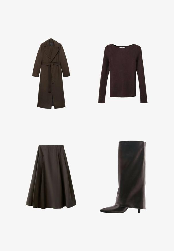 Manteau en laine marron avec un grand col cranté, des manches longues et une taille ceinturée. Présente des lignes épurées et un design à ouverture frontale.; Pull en tricot côtelé marron foncé à manches longues avec un col rond, une coupe ajustée et un motif tricoté lisse et texturé.; Jupe noire trapèze à taille haute avec ourlet évasé, fabriquée en tissu lisse, présentée sur fond blanc.; Botte haute noire en cuir avec un bout pointu et un talon fin de hauteur moyenne sur fond blanc.