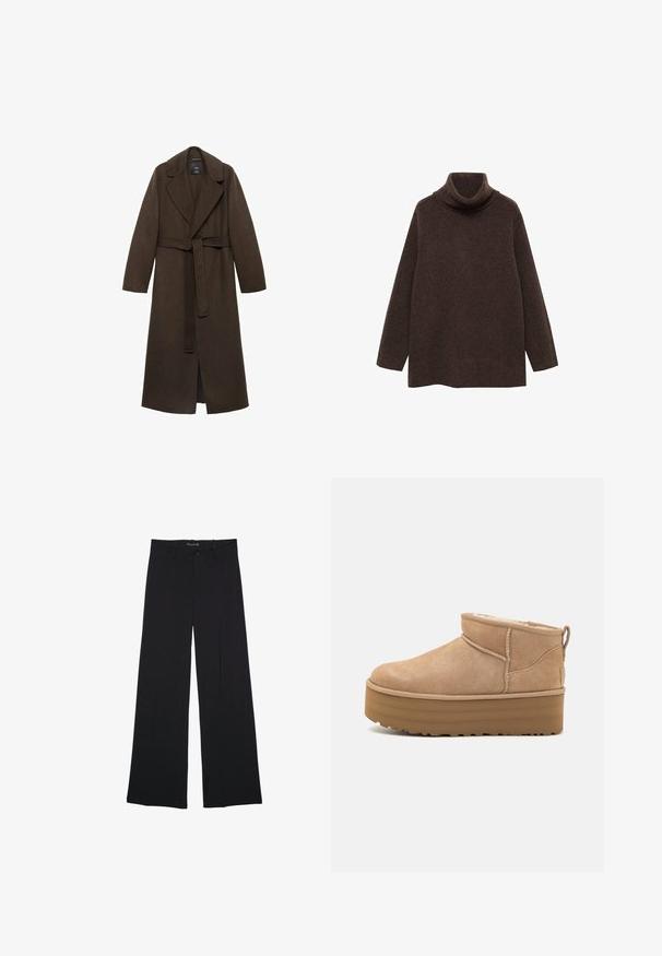 Manteau en laine marron avec un grand col cranté, des manches longues et une taille ceinturée. Présente des lignes épurées et un design à ouverture frontale.; Pull turtleneck marron en tricot doux. Il présente des manches longues et une coupe décontractée avec un col haut pour plus de chaleur.; Pantalon noir à jambes larges avec passants de ceinture, bouton frontal et fermeture éclair, étalé à plat sur un fond blanc.; Bottines en suede beige avec un intérieur moelleux, dotées d'une semelle compensée et d'une languette à l'arrière pour un enfilage facile. Semelle extérieure en caoutchouc texturé.