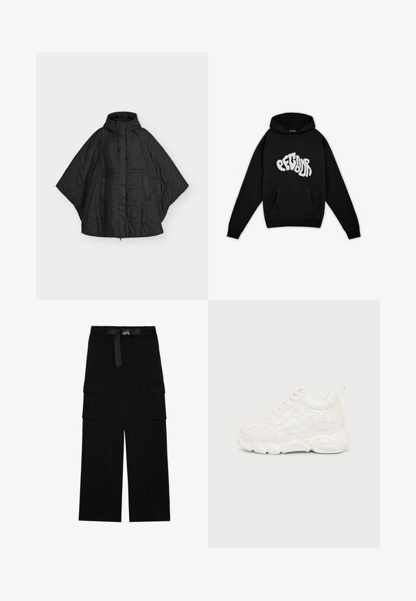Poncho matelassé noir avec capuche, fermeture éclair devant et poches latérales, conçu pour la chaleur et la couverture.; Pegador PALUMA OVERSIZED HOODIE - Sweatshirt - black; Pantalons cargo noirs avec une coupe large, taille élastique avec une ceinture, et deux grandes poches latérales pour le rangement.; Baskets blanches épaisses avec des motifs en forme d’étoile et une semelle épaisse texturée, vues de côté extérieur sur un fond uni.