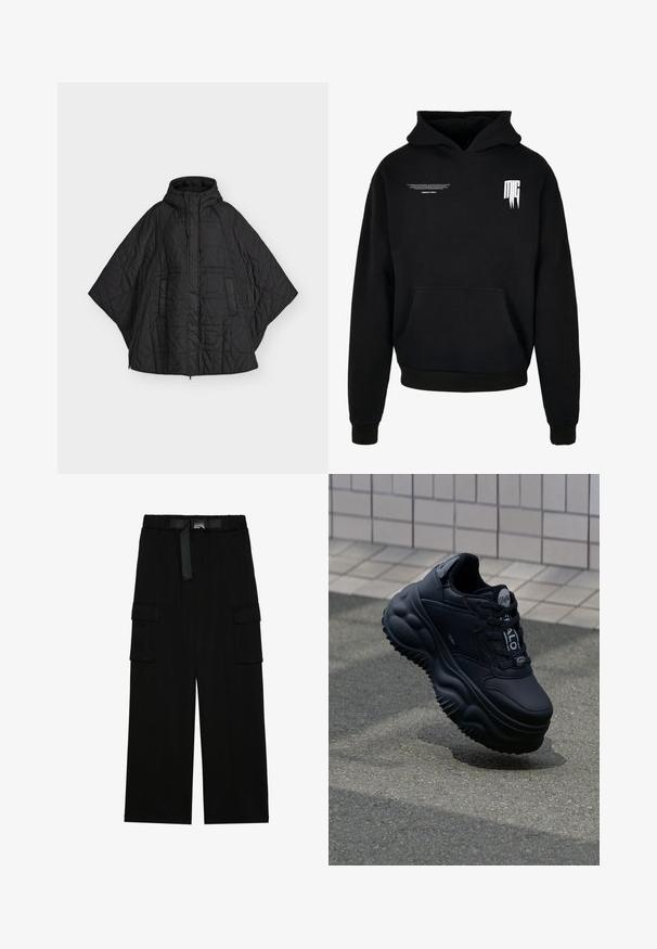 Poncho matelassé noir avec capuche, fermeture éclair devant et poches latérales, conçu pour la chaleur et la couverture.; Sweat à capuche noir avec poche sur le devant, petit texte blanc sur la partie supérieure gauche de la poitrine, et logo stylisé "MG" sur la partie supérieure droite de la poitrine.; Pantalons cargo noirs avec une coupe large, taille élastique avec une ceinture, et deux grandes poches latérales pour le rangement.; Baskets noires épaisses avec une tige en cuir lisse, semelle surélevée avec des motifs en vagues, et lacets pour un ajustement sécurisé. Marque sur la languette.