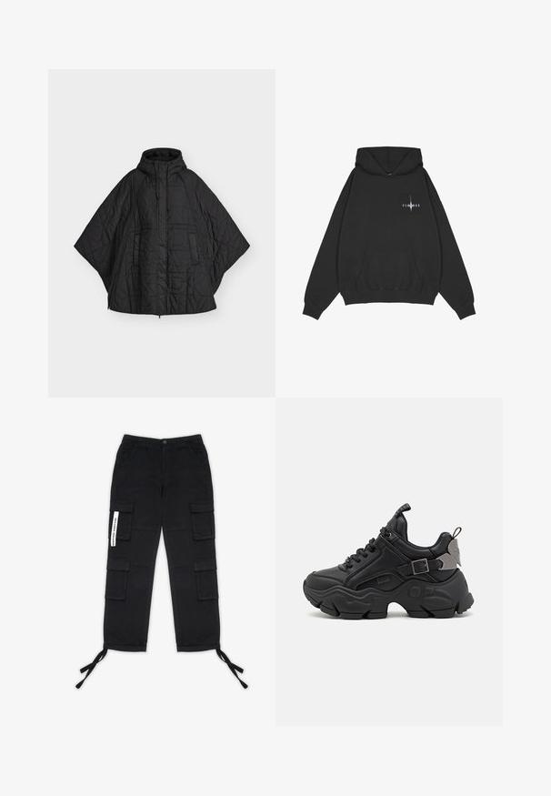 Poncho matelassé noir avec capuche, fermeture éclair devant et poches latérales, conçu pour la chaleur et la couverture.; Pegador Sweat à capuche - washed black; Pegador TANAMI WIDE PANTS - Pantalon cargo - black; Baskets noires avec une tige en cuir texturé, semelle en caoutchouc épaisse, fermeture à lacets et un accent métallique au niveau du talon. Éléments de design modernes inclus.