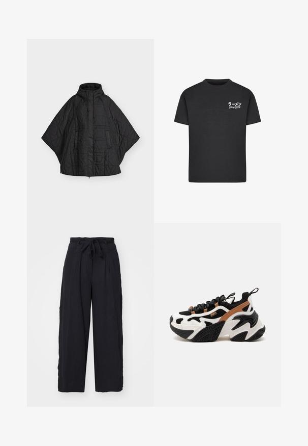 Poncho matelassé noir avec capuche, fermeture éclair devant et poches latérales, conçu pour la chaleur et la couverture.; T-shirt noir en coton avec un col rond. Présente du texte blanc, y compris des caractères japonais et les mots "Slurp Away" sur la zone gauche de la poitrine.; Pantalons larges noirs en tissu doux. Dotés d'une taille à nouer et de plis, ils offrent une coupe décontractée sans ornements supplémentaires.; Baskets athlétiques épaisses avec détails noirs, blancs et marron, semelle épaisse texturée, lacets noirs et languette au talon sur fond blanc.