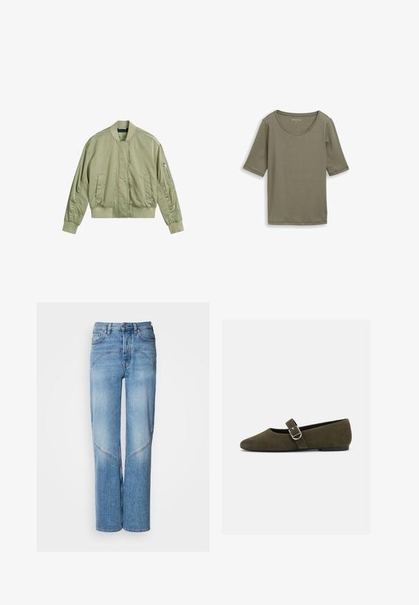 Veste bomber vert clair avec une poche zippée sur la manche gauche, un col et des poignets côtelés, et une finition lisse et mate. Fit ajusté avec des poches latérales.; Chemise courte à manches courtes de couleur olive unie avec un col rond, présentée sur un fond blanc.; Un jean en denim bleu clair avec une coupe décontractée, des jambes larges et des détails de couture incurvés. Le tissu a une texture lisse avec un léger délavage.; Chaussure plate Mary Jane en daim vert olive avec bride à boucle argentée et bout arrondi, présentée sur fond blanc.