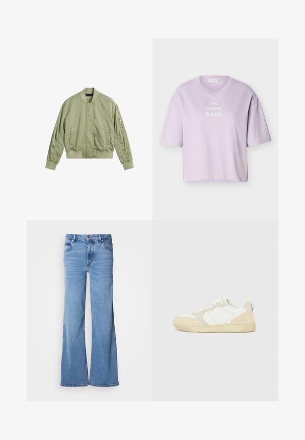 Veste bomber vert clair avec une poche zippée sur la manche gauche, un col et des poignets côtelés, et une finition lisse et mate. Fit ajusté avec des poches latérales.; T-shirt lilas à manches courtes avec col rond, texte blanc "L'AVENIR NOUS APPARTIENT." centré sur le devant, présenté sur un fond uni.; Jean large de couleur bleu clair en denim. Doté d'un design classique à cinq poches et d'une braguette à boutons apparents. Texture douce et finition unie.; Baskets blanches et beiges avec dessus en suède et textile, présentant des coutures contrastées, une semelle en caoutchouc et un accent bleu clair sur le talon.