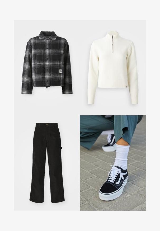 Veste en flanelle à carreaux noir et blanc avec un col, des boutons à l'avant et un ourlet ajustable avec cordon de serrage. Comprend une patch logo sur la poche.; Pull-over blanc à col zippé et manches longues. Fabriqué en matériau tricoté doux, avec des poignets et un ourlet côtelés. Logo de la marque subtil à l'ourlet.; Pantalon en velours côtelé noir avec une coupe droite, doté d'une fermeture à bouton et de poches latérales. Texture lisse avec de fines rayures verticales.; Baskets en suède noir avec des accents et des lacets blancs, présentant une épaisse semelle blanche et des coutures contrastantes, associées à une chaussette blanche.