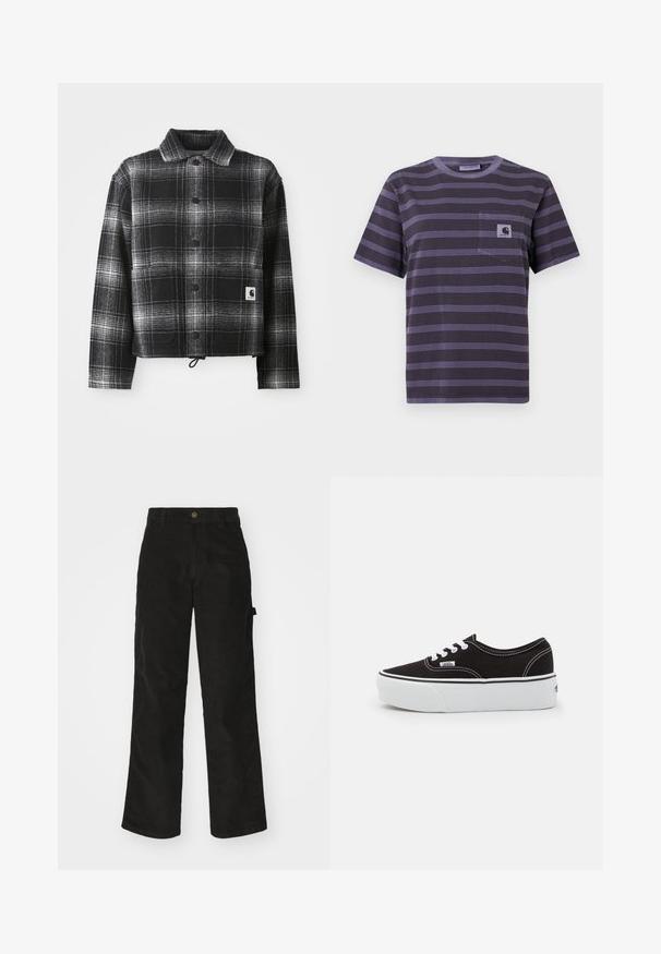 Veste en flanelle à carreaux noir et blanc avec un col, des boutons à l'avant et un ourlet ajustable avec cordon de serrage. Comprend une patch logo sur la poche.; T-shirt violet à rayures avec une poche sur la poitrine gauche, présentant des rayures noires horizontales. Tissu doux, manches courtes, col rond.; Pantalon en velours côtelé noir avec une coupe droite, doté d'une fermeture à bouton et de poches latérales. Texture lisse avec de fines rayures verticales.; Baskets en toile noires avec une semelle en caoutchouc blanc, dotées de lacets et de coutures blanches, marquage emblématique sur le côté, design basse.