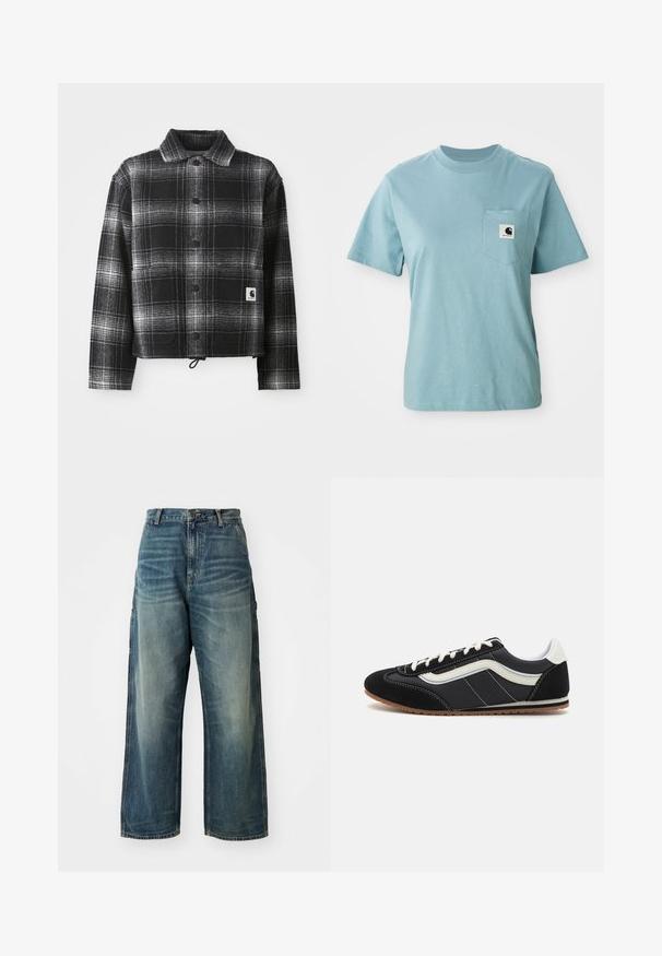 Veste en flanelle à carreaux noir et blanc avec un col, des boutons à l'avant et un ourlet ajustable avec cordon de serrage. Comprend une patch logo sur la poche.; T-shirt en coton léger bleu clair à manches courtes avec poche poitrine affichant un petit patch logo Carhartt noir et blanc.; Jean en denim à jambes larges en délavé bleu. Présente une fermeture à bouton, cinq poches et des coutures visibles. Le matériau a une texture lisse.; Baskets en suede noir et nylon avec une bande latérale blanche, des lacets blancs et une semelle en caoutchouc gomme, au design bas.