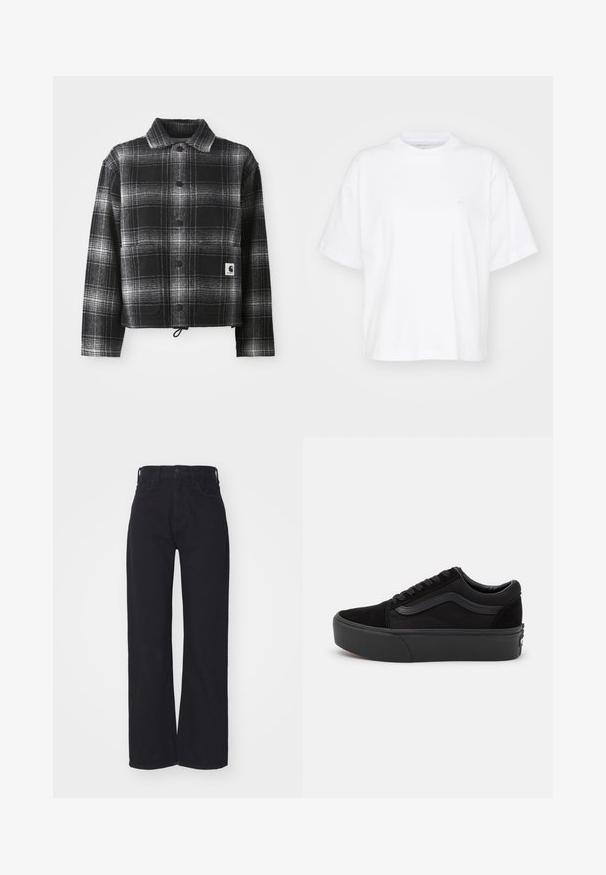 Veste en flanelle à carreaux noir et blanc avec un col, des boutons à l'avant et un ourlet ajustable avec cordon de serrage. Comprend une patch logo sur la poche.; T-shirt en coton blanc avec un col rond, des manches courtes et une coupe décontractée. Présente un logo discret sur la zone gauche de la poitrine. Texture lisse.; Jeans noirs taille haute à jambes larges avec fermeture à bouton et zip à l'avant, passants de ceinture et deux poches avant sur fond blanc.; Baskets noires en daim et toile, avec un bout rond, un design à lacets plats et une semelle épaisse en caoutchouc avec une subtile branding.