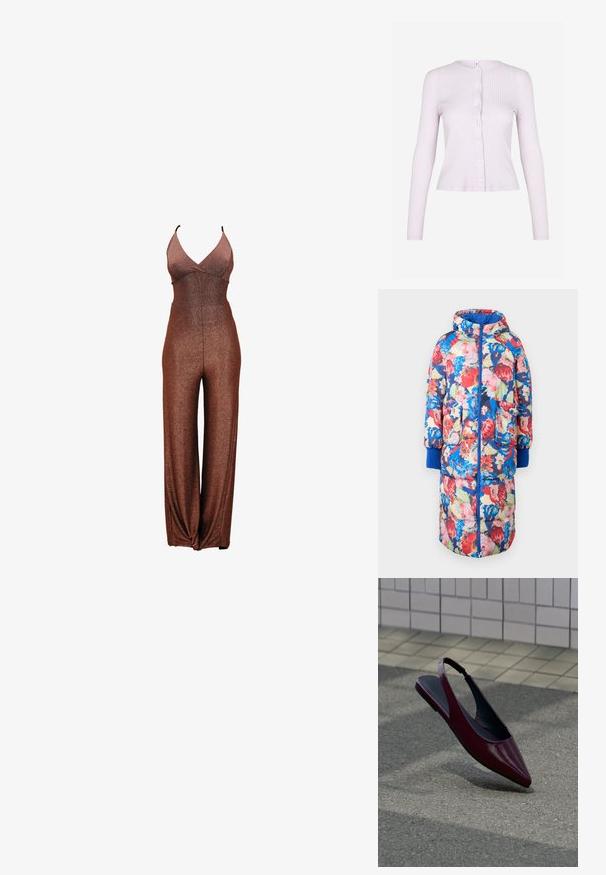 Gevoerde bloemencode met een capuchon, met rode, roze en blauwe bloemen op een donkere achtergrond, twee voorzakken en ribgebreide blauwe manchetten.; Bronzen glinsterende jumpsuit met een diepe V-hals, dunne bandjes en wijd uitlopende pijpen. Soepele textuur met een nauwsluitend lijfje en een elastische taille.; Envii VOLVI - Vest - lilac; Donkerrode lakleren slingback platte schoen met spits toelopende neus zwevend boven een getextureerde bestrating bij een betegelde muur.