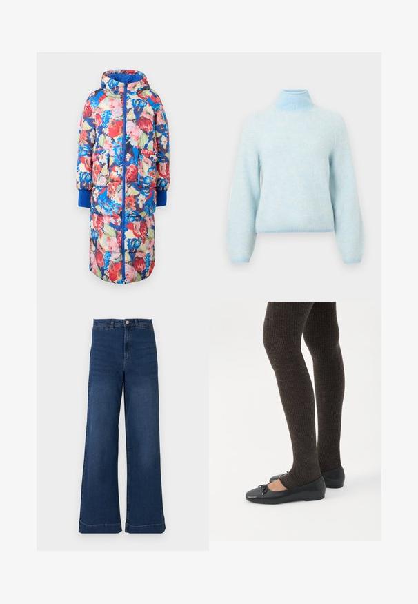 Manteau matelassé à fleurs avec capuche, présentant des fleurs rouges, roses et bleues sur un fond sombre, deux poches avant et des poignets en rib d'un bleu vibrant.; Pull en tricot bleu clair avec un col côtelé haut, des manches longues et un motif chevron. Texture douce et ourlet ajusté.; Jean en denim bleu à jambes larges avec une taille haute, présentant une fermeture à bouton à l'avant, cinq poches et des détails de coutures subtils.; Jambes portant des leggings côtelés foncés associés à des ballerines noires avec de petits détails en nœud sur fond blanc.