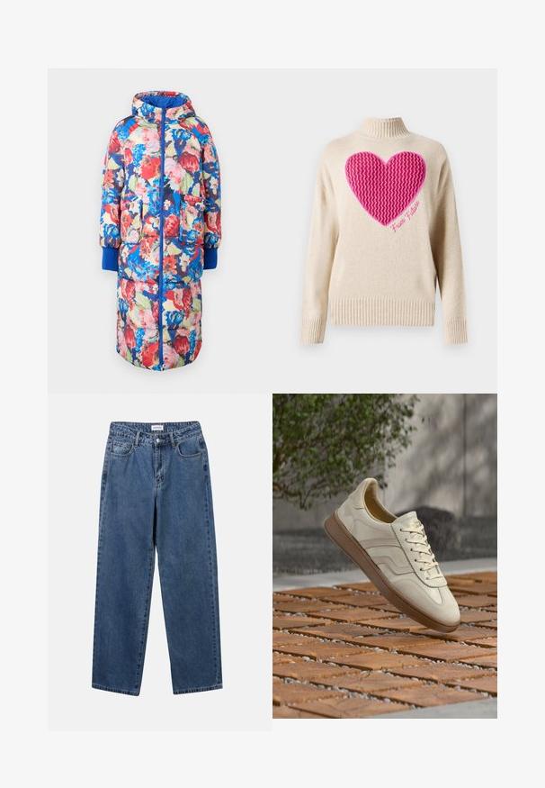 Gevoerde bloemencode met een capuchon, met rode, roze en blauwe bloemen op een donkere achtergrond, twee voorzakken en ribgebreide blauwe manchetten.; Beige trui met een geribbelde opstaande kraag, met een grote roze zigzagvormige hart en de tekst "From Future" geborduurd in het roze.; Klassieke blauwe denim jeans met een rechte pijp, vijf zakken en een knoopsluiting. Heeft een middelgrote wasbeurt en stevige textuur.; Sneaker in roomkleur met een gestructureerde beige rubberen zool, vetersluiting en subtiele merkdetails aan de zijkant. Bovenwerk van glad leer.