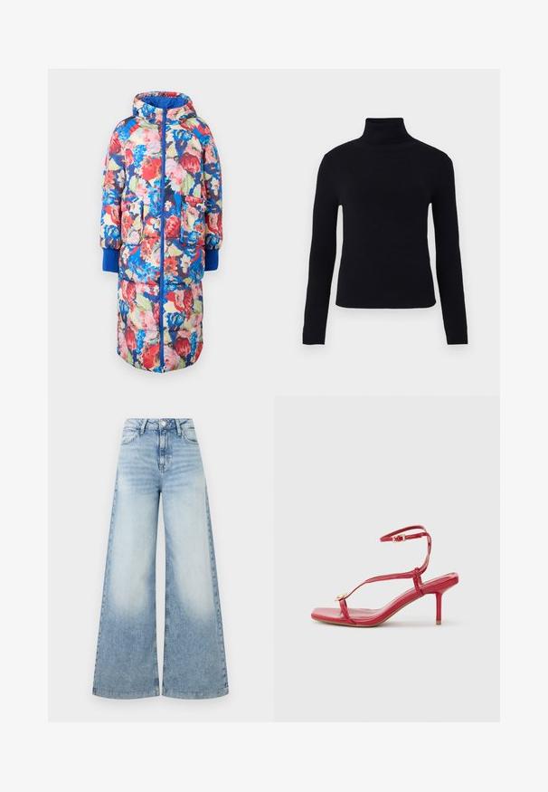 Gesteppten Blumenmantel mit Kapuze, der rote, rosa und blaue Blumen auf einem dunklen Hintergrund zeigt, zwei vordere Taschen und gerippte blaue Bündchen hat.; Schwarzer Rollkragenpullover mit langen Ärmeln, glatter Textur, körperbetontem Design und dickem geripptem Kragen, ideal zum Layering.; Hellblaue Jeans mit weitem Bein aus Denim. Sie haben eine hohe Taille, einen Knopfverschluss und leichte Verwaschungen, mit geraden, weiten Beinen.; Rote Riemchen-Sandalette mit Absatz, Knöchelriemen mit Schnalle, quadratischer offener Zehenpartie und kleinem goldfarbenem Zierdetail am vorderen Riemen.