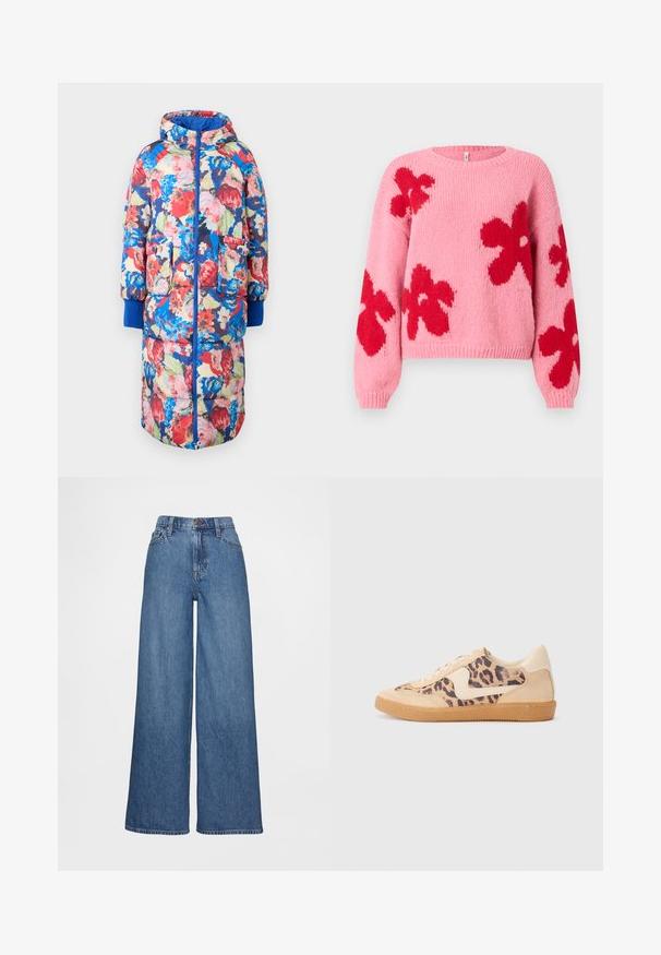Gevoerde bloemencode met een capuchon, met rode, roze en blauwe bloemen op een donkere achtergrond, twee voorzakken en ribgebreide blauwe manchetten.; Roze gebreide trui met grote rode bloemenpatronen op de voorkant en mouwen, met een ronde halslijn en geribde boorden en onderrand.; Wijde jeans in mediumblauwe denim met een hoge taille, riemlussen en knoopsluiting. Gladde textuur met minimale stikdetails.; Luipaardprint sneakers met een beige suède bovenkant, tan rubberen zool en witte accenten. Ronde neus en vetersluiting met een gestructureerde afwerking.