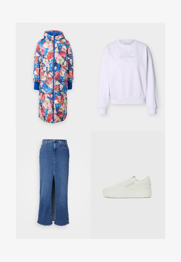 Gesteppten Blumenmantel mit Kapuze, der rote, rosa und blaue Blumen auf einem dunklen Hintergrund zeigt, zwei vordere Taschen und gerippte blaue Bündchen hat.; Weißes Calvin Klein Sweatshirt mit langen Ärmeln, Rundhalsausschnitt und geprägt"cK Calvin Klein"-Logo auf der Vorderseite.; Jeansrock in Mittelblau mit einem Schlitz vorne, in mittlerer Länge, ausgestattet mit fünf Taschen, Gürtelschlaufen und einem rohen Saumabschluss.; Weiße Plateausneaker mit glattem Lederobermaterial, rundem Zehenbereich und flachen Schnürsenkeln. Verfügen über eine strukturierte Gummisohle und dezentes Branding an der Seite.