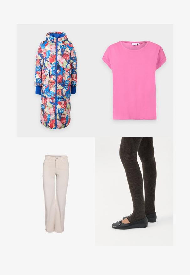 Gevoerde bloemencode met een capuchon, met rode, roze en blauwe bloemen op een donkere achtergrond, twee voorzakken en ribgebreide blauwe manchetten.; Roze t-shirt met korte mouwen en ronde hals, met omgeslagen mouwzomen en een effen, gladde stofstructuur op een witte achtergrond.; Roomkleurige broek met rechte pijpen, voorzakken, riemlussen en een sluiting met knoop en rits, afgebeeld tegen een witte achtergrond.; Benen met donkere geribbelde leggings gecombineerd met zwarte ballerina's met kleine strikdetails op een witte achtergrond.