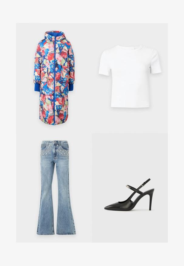 Gesteppten Blumenmantel mit Kapuze, der rote, rosa und blaue Blumen auf einem dunklen Hintergrund zeigt, zwei vordere Taschen und gerippte blaue Bündchen hat.; Weißes kurzärmeliges T-Shirt aus Rippstoff mit Rundhalsausschnitt und figurbetonter Passform, ideal zum Schichten oder für lässiges Tragen.; Hellblaue Schlagjeans mit silbernen Nieten, die die Fronttaschen und den oberen Oberschenkelbereich schmücken, mit klassischem Fünf-Taschen-Design und Reißverschluss.; Schwarze Slingback-Pumps aus Leder mit spitz zulaufender Spitze, Cut-Out-Design und verstellbarem Riemen mit metallischem Beschlag.