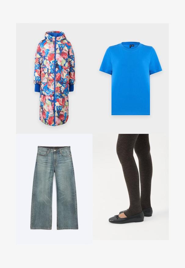Gevoerde bloemencode met een capuchon, met rode, roze en blauwe bloemen op een donkere achtergrond, twee voorzakken en ribgebreide blauwe manchetten.; Effen blauwe korte mouw T-shirt met ronde hals en zichtbare kraagstiksels, plat uitgestald op een lichtgrijze achtergrond.; Blauwe wijde denim jeans met voorzakken, riemlussen, knoopsluiting en subtiele vervaagde details op dijen en knieën.; Benen met donkere geribbelde leggings gecombineerd met zwarte ballerina's met kleine strikdetails op een witte achtergrond.