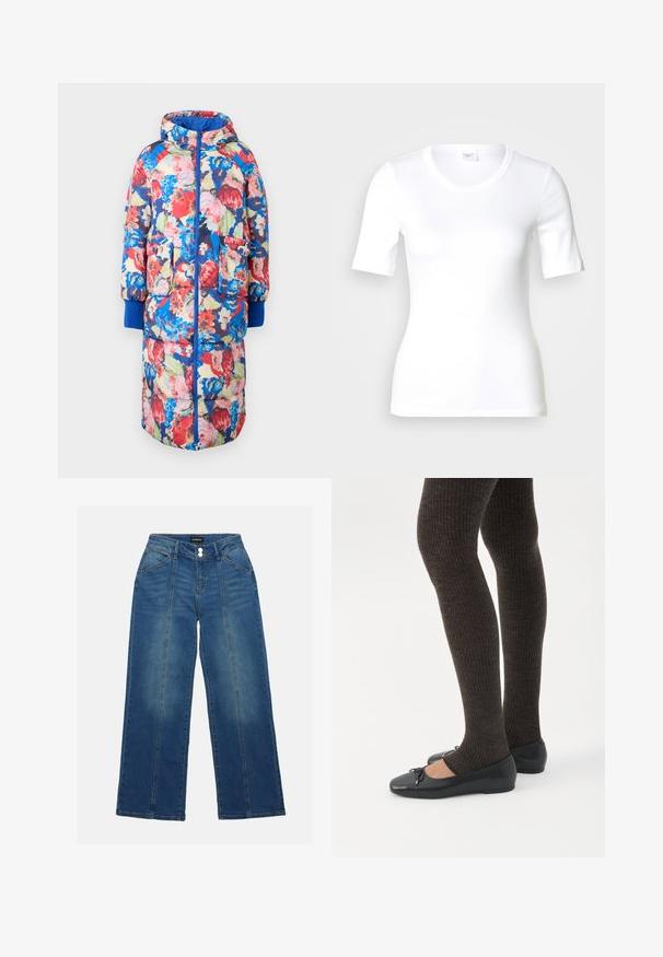 Gevoerde bloemencode met een capuchon, met rode, roze en blauwe bloemen op een donkere achtergrond, twee voorzakken en ribgebreide blauwe manchetten.; Wit T-shirt met korte mouwen van glad katoen, met een ronde halslijn en een aangesloten pasvorm. Klassiek ontwerp, zonder patronen of accenten.; Tafellange blauwe denim jeans met een hoge taille, voorzien van twee knopen, zijzakken en contrasterende gestikte naden aan de voorkant.; Benen met donkere geribbelde leggings gecombineerd met zwarte ballerina's met kleine strikdetails op een witte achtergrond.
