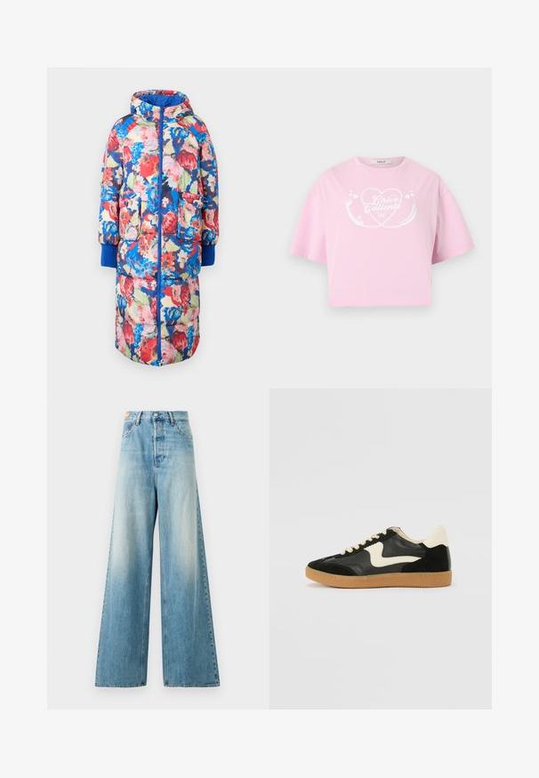 Gevoerde bloemencode met een capuchon, met rode, roze en blauwe bloemen op een donkere achtergrond, twee voorzakken en ribgebreide blauwe manchetten.; Lichtroze cropped T-shirt met een wit hartontwerp en de tekst "Chica Caliente" aan de voorkant, korte mouwen en een ronde halslijn.; Lichtblauwe denim jeans met wijde pijpen en vervaagde plekken. Bevat een hoge taille, standaard vijf-pocket ontwerp en metalen knoopsluiting.; Zwarte suède en leren sneaker met een crèmekleurige zij-swoosh en lichte crèmekleurige hiel. Voorzien van beige veters en een gumrubberen zool.