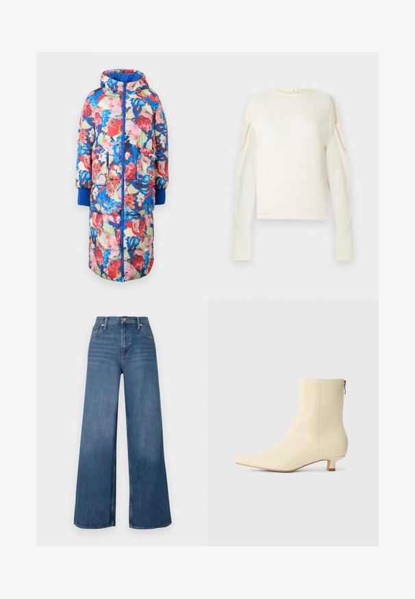Gevoerde bloemencode met een capuchon, met rode, roze en blauwe bloemen op een donkere achtergrond, twee voorzakken en ribgebreide blauwe manchetten.; Roomkleurige top met lange mouwen, gemaakt van zachte stof. Voorzien van een ronde hals en opgeblazen mouwen. Eenvoudig ontwerp, zonder zichtbare patronen of details.; Wijduitlopende blauwe jeans van denim, met een hoge taille, sluiting met knopen aan de voorkant en klassiek vijf-pocket ontwerp. Gladde textuur.; Beige enkellaars van glad leer, met een spits toelopende neus, een korte blokhak en een ritssluiting aan de zijkant voor gemakkelijk aan- en uittrekken.