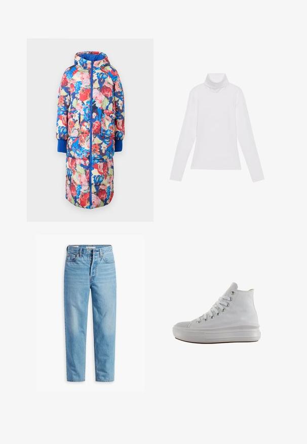 Gevoerde bloemencode met een capuchon, met rode, roze en blauwe bloemen op een donkere achtergrond, twee voorzakken en ribgebreide blauwe manchetten.; Witte lange mouw turtleneck top gemaakt van glad, elastisch materiaal. Voorzien van een hoge kraag en een getailleerd ontwerp, zonder zichtbare patronen of versieringen.; Lichtblauwe denim jeans met hoge taille en rechte pijpen, met knopenlijst en vijf zakken ontwerp, plat weergegeven op een witte achtergrond.; Witte hoge canvas sneaker met witte veters, metalen oogjes, dikke rubberen zool en gestructureerde neuskap, naar links gericht op een witte achtergrond.