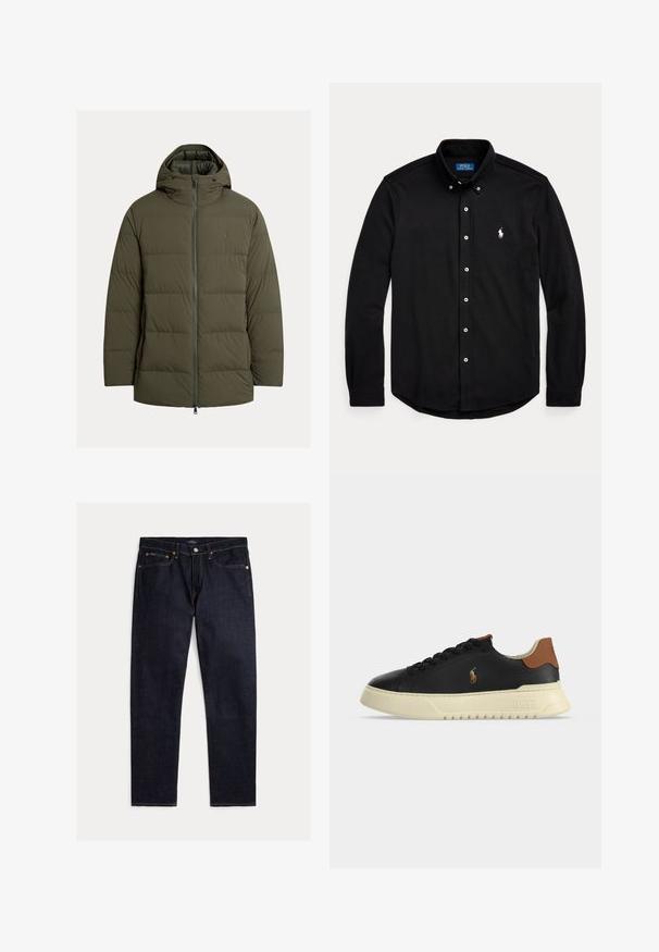Olivengrøn isoleret jakke med lynlåslukning foran, polstret design, fast hætte og sidelommer. Glat tekstur og minimal brandingdetalje.; Sort langærmet skjorte med knaplukning og krave, hvidt Polo Ralph Lauren-logo på brystet og hvide knapper fortil.; Mørk indigoblå jeans med lige ben, fem lommer, knap- og lynlås lukning samt kontrastfulde orange syninger på en ensfarvet baggrund.; Sort lavtop lædersneaker med beige sål, brun hæltap og lille broderet polo-spiller logo på siden.