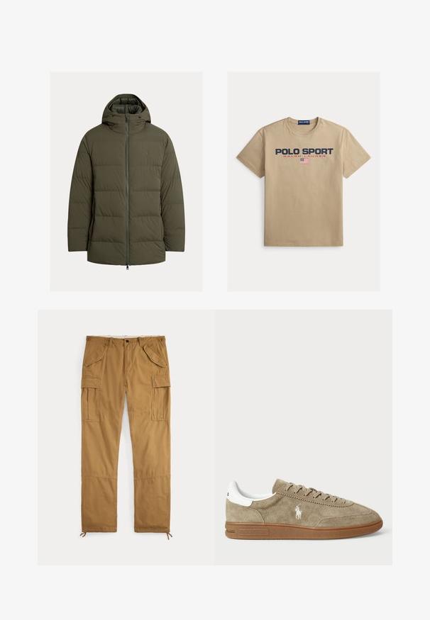 Olivengrøn isoleret jakke med lynlåslukning foran, polstret design, fast hætte og sidelommer. Glat tekstur og minimal brandingdetalje.; Beige bomulds-T-shirt med korte ærmer, med teksten "POLO SPORT" og "RALPH LAUREN" i marineblå og rød samt et lille amerikansk flag som detalje.; Brune cargobukser med knaplukning, bæltestropper, klaplommer på lårene og snore ved ankelmanchetterne, lagt fladt på en hvid baggrund.; Suedesneakers i tan med hvide detaljer, rund tå og snørebåndsdesign. Har præget logo og gummisål for bedre greb.