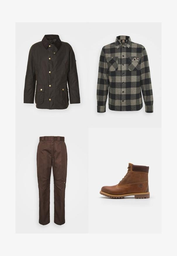 Bruine gewaxte jas met een ribfluwelen kraag, gouden knopen, twee voorkiezen en een casual pasvorm. Soepele textuur met een licht glanzende afwerking.; Zwart en grijs geblokt flanellen shirt met lange mouwen, knoopsluiting aan de voorkant, twee borstzakken en een licht gebogen zoom. Gegarneerde stof.; Bruine, recht lopende broek met een gladde textuur. Heeft een riemlus, zijnaad en een klein merklogo op het linkerbeen.; Bruine leren wandelschoen met een gladde afwerking, gevoerde enkel, metalen oogjes en een rubberen zool met een robuust profiel.