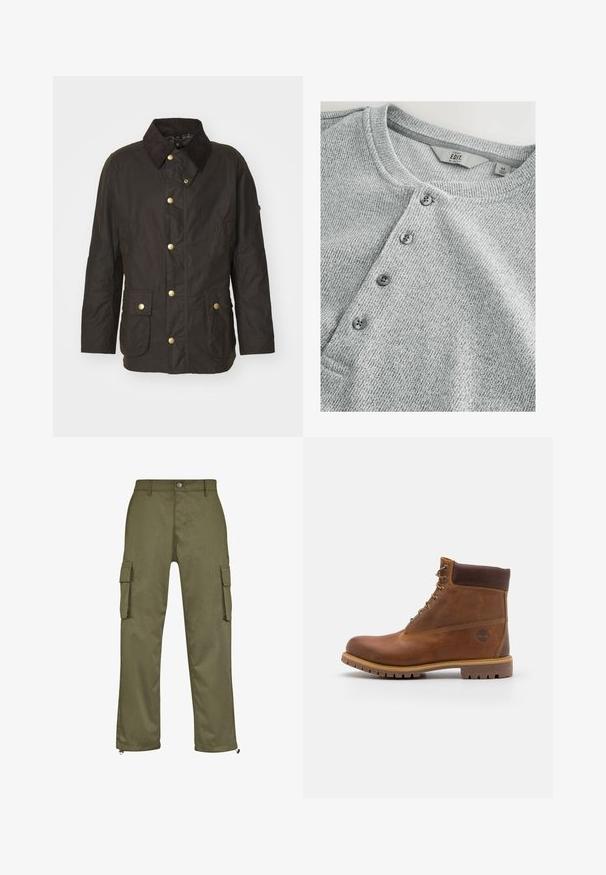 Bruine gewaxte jas met een ribfluwelen kraag, gouden knopen, twee voorkiezen en een casual pasvorm. Soepele textuur met een licht glanzende afwerking.; Grijze gebreide shirt met lange mouwen en een ronde halslijn, vijf knopen sluiting, ribbelstructuur en een slim fit ontwerp. Label geeft maat M aan.; Olijfgroene cargobroek met een rechte snit, twee zijzakken en ritsdetails bij de broekspijpen. Gemaakt van duurzame stof.; Bruine leren wandelschoen met een gladde afwerking, gevoerde enkel, metalen oogjes en een rubberen zool met een robuust profiel.