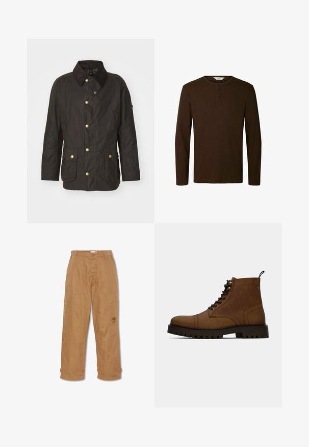Bruine gewaxte jas met een ribfluwelen kraag, gouden knopen, twee voorkiezen en een casual pasvorm. Soepele textuur met een licht glanzende afwerking.; Donkerbruin henley-shirt met lange mouwen, ronde hals en vier zwarte knopen middenvoor.; Khaki werkbroek, gemaakt van duurzaam materiaal, heeft meerdere zakken, een knoopsluiting en een geborduurd logo op de dij.; Bruine leren veterschoenen tot de enkel met dikke zwarte profielzool en een trekband op een witte achtergrond.