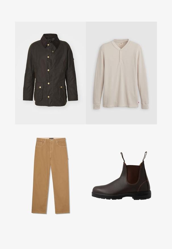 Braune gewachste Jacke mit einem Cordkragen, goldenen Knöpfen, zwei vorderen Taschen und einer lässigen Passform. Glatte Textur mit einem leicht glänzenden Finish.; Langärmliges Henley-Shirt aus leicht beigem Rippstoff mit V-Ausschnitt, Knopfleiste mit drei Knöpfen und angeschnittenen Ärmeln. Roter Logo-Tag am Saum.; Hellbraune Hose mit geradem Bein, vorderem Knopf und Reißverschluss, Vorder- und Münztaschen sowie sichtbaren weißen Nähten.; Brauner Chelsea-Stiefel aus Leder mit elastischem Seiteneinsatz, brauner Naht, Zuglaschen und einer strapazierfähigen Gummisohle mit strukturiertem Muster.