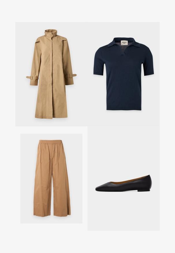 BITE Studios CHET LIGHT - Trench - barley; Chemise en maille bleu marine à manches courtes avec un petit col ouvert et un col en V, présentée sur un fond gris clair uni.; Pantalon beige à jambes larges avec taille élastique et plis, détails de coutures frontales, présenté sur un fond clair uni.; Chaussure plate en cuir noir à bout pointu avec talon bas et finition lisse, vue de côté sur un fond gris clair.