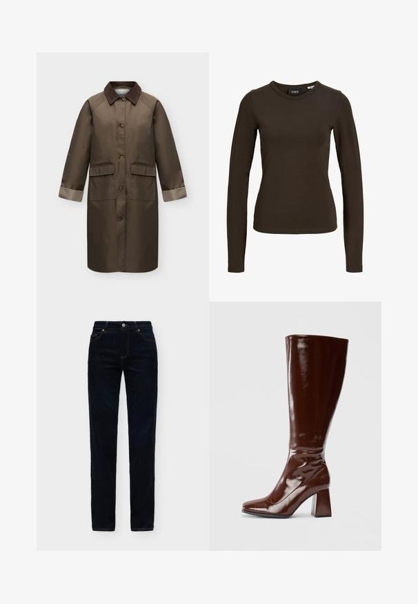 Manteau long marron avec col marron foncé, quatre boutons devant, deux poches à rabat et poignets retournés à carreaux aux manches.; T-shirt à manches longues moulant de couleur marron foncé avec col rond, design simple et texture de tissu lisse, présenté sur un fond blanc uni.; Jean droit en denim bleu foncé avec poches avant et fermeture par bouton sur un fond uni clair.; Bottes en cuir verni marron jusqu'aux genoux avec un bout carré, finition brillante et un talon épais pour la stabilité. Design sans couture sans matériel visible.