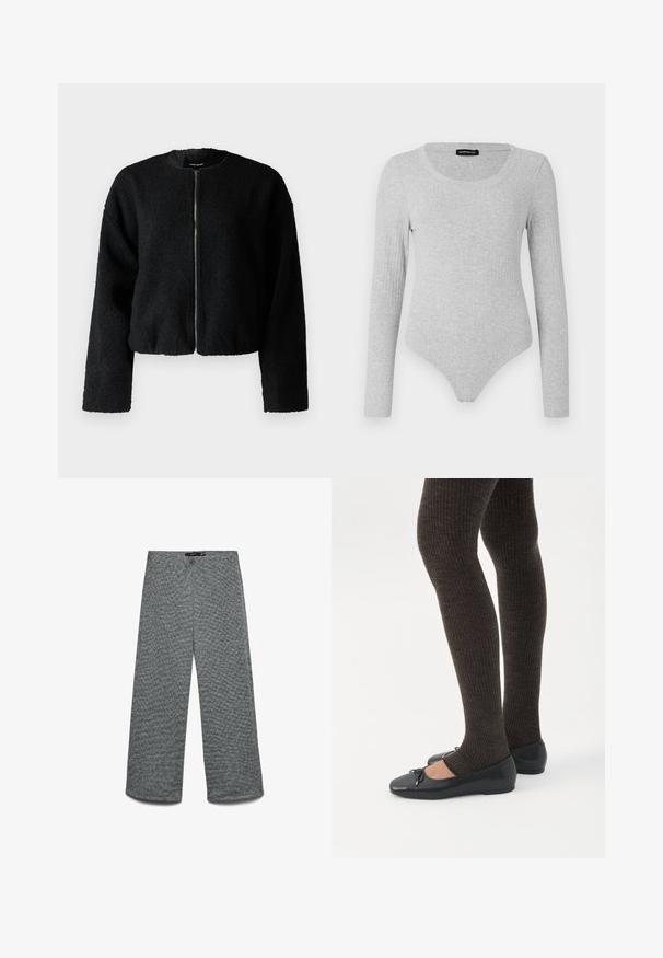 Veste noire courte en tissu texturé et duveteux. Dotée d'un col rond et d'une fermeture à glissière à l'avant, avec des manches longues et amples.; Body à manches longues en tissu côtelé gris clair, avec un décolleté en forme de scoop et une silhouette ajustée dotée d'un fond style string.; Pantalon à jambes larges en tissu tricoté gris texturé. Doté d'une taille haute et de jambes droites, offrant une coupe décontractée.; Jambes portant des leggings côtelés foncés associés à des ballerines noires avec de petits détails en nœud sur fond blanc.