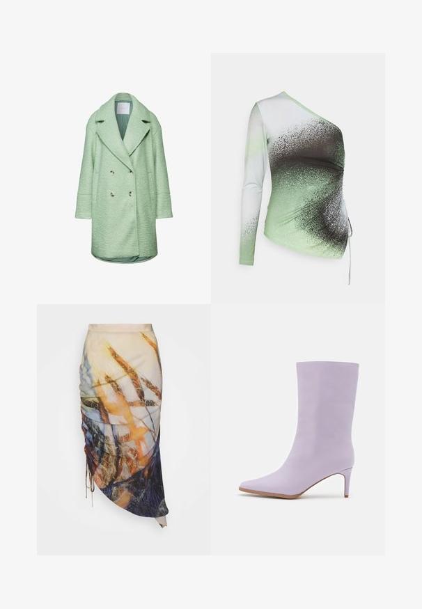 Mintgrüner, doppelt knöpfbarer Mantel aus strukturiertem Stoff, mit großem Reverskragen und seitlichen Taschen. Mit metallischen Knöpfen und einer lässigen Passform.; Elleme ONE SHOULDER - Langarmshirt - light green/white; Materiel DIAGONAL GATHERED SKIRT - Bleistiftrock - golden hour; Even&Odd Stiefel - purple