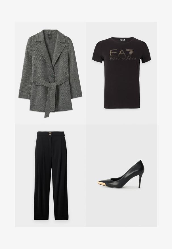 Manteau à motif chevron gris avec un col à crans, fermeture à un bouton et une ceinture assortie à la taille. Tissu doux et texturé.; T-shirt noir à manches courtes avec logo doré EA7 Emporio Armani centré sur la poitrine sur fond blanc.; Pantalons larges noirs taille haute avec une fermeture à un bouton doré et des poches latérales, sur fond blanc.; Pompe à talon haut en cuir noir avec bout pointu ; présente une accentuation métallique dorée sur le capuchon. Surface lisse avec un design épuré.
