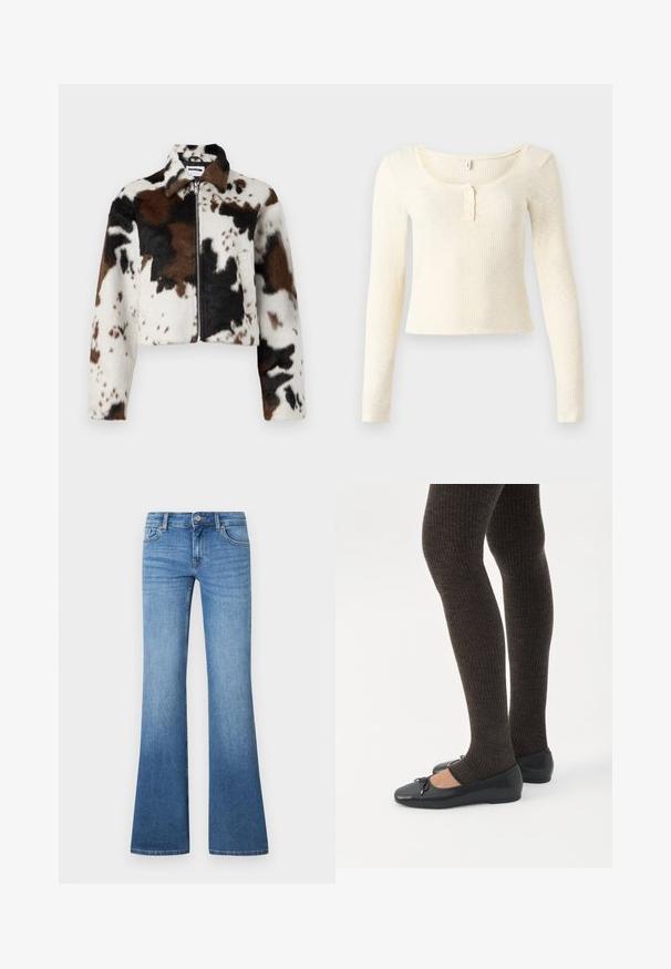 Veste courte en tissu doux avec un motif zèbre en blanc, marron et noir, dotée d'une fermeture éclair à l'avant et d'un col.; Top à manches longues en maille côtelée de couleur crème clair ; présente un col rond et une patte de boutonnage à trois boutons. Texture douce et coupe ajustée.; Jean flare bleu clair en denim. Comprend un design à cinq poches, une fermeture par bouton métallique et un léger délavage près des genoux.; Jambes portant des leggings côtelés foncés associés à des ballerines noires avec de petits détails en nœud sur fond blanc.