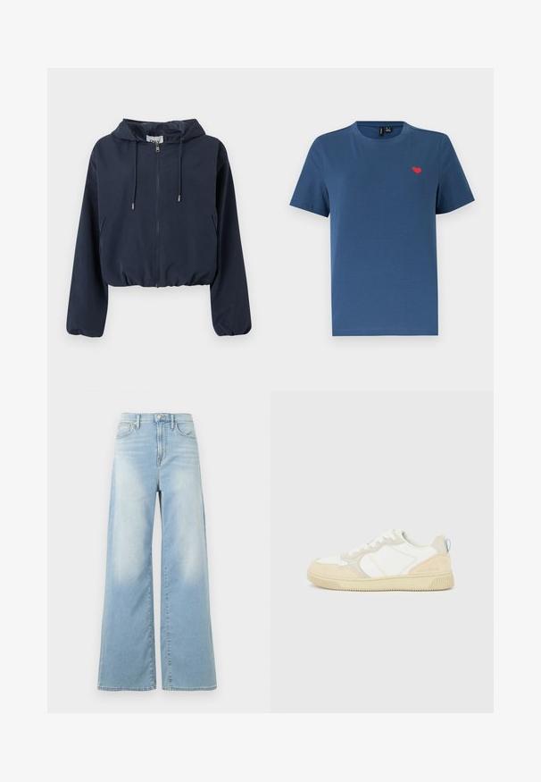 Veste courte à capuche bleu marine avec fermeture éclair frontale, capuche à cordon de serrage, poignets élastiques et poches latérales.; T-shirt bleu à manches courtes et col rond avec un petit emblème en forme de cœur rouge sur le côté gauche de la poitrine, sur un fond blanc uni.; Jean large bleu clair à taille haute, avec boutons à l'avant et poches, présenté sur un fond blanc.; Baskets blanches et beiges avec dessus en suède et textile, présentant des coutures contrastées, une semelle en caoutchouc et un accent bleu clair sur le talon.