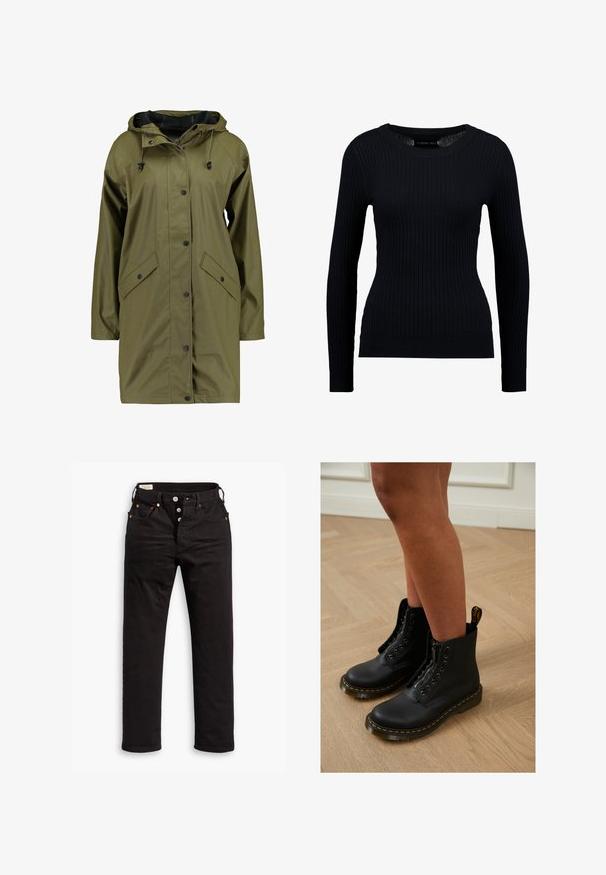 Oliven grøn vandtæt regnjakke med hætte, trykknapper, lange ærmer og to frontlommer. Glat, struktureret ydre finish.; Sort ribbet langærmet sweater med rund halsudskæring og tætsiddende silhuet. Teksturen er glat med en subtil strækbarhed.; Sorte lige jeans med knaplukning, front- og baglommer samt kobbernitte detaljer på en hvid baggrund.; Sorte læder ankelstøvler med lynlås og snøredesign, der har gule stikninger og en tyk, struktureret sål.