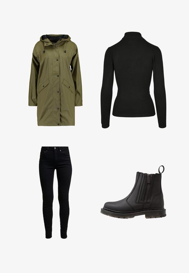 Chaquetón de lluvia impermeable de color verde oliva con capucha, botones a presión, mangas largas y dos bolsillos delanteros. Acabado exterior suave y texturizado.; Jersey negro con cuello de tortuga hecho de tela suave, que presenta mangas largas, cuello acanalado y un diseño ajustado con detalles mínimos.; Jean ajustado de mezclilla negra con cintura alta, que cuenta con bolsillos frontales, un pequeño bolsillo para monedas y cierre de botón metálico. Tejido suave y elástico.; Botín negro sintético hasta el tobillo con cremalleras dobles, punta redonda, suela texturizada y asa en la parte posterior para facilitar su uso.