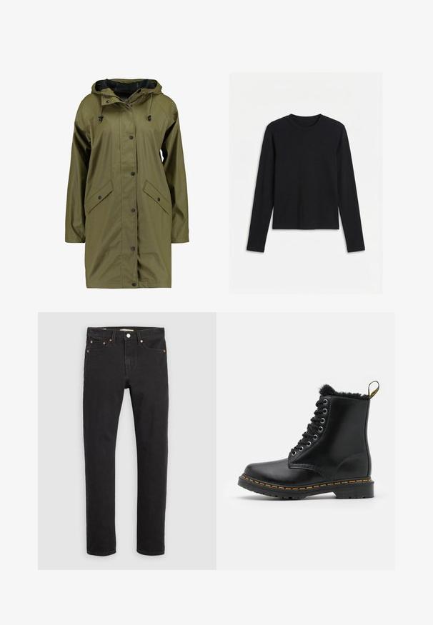 Veste de pluie imperméable vert olive avec capuche, boutons-pression, manches longues et deux poches avant. Fini extérieur lisse et texturé.; T-shirt noir à manches longues avec col rond, coupe ajustée et design uni, présenté sur un fond blanc.; Jean en denim noir avec une coupe droite, un design à cinq poches, des rivets en métal et des coutures contrastées. Texture lisse avec une coupe classique.; Bottines en cuir noir avec un bout rond, doublure en fourrure, œillets en argent et coutures jaunes le long de la semelle. Semelle extérieure en caoutchouc robuste.