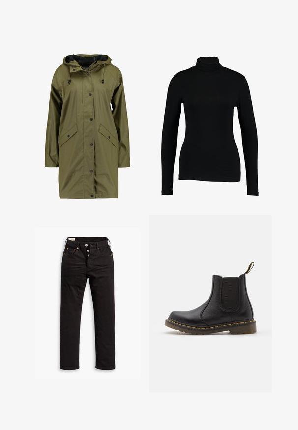 Olivgrüne, wasserdichte Regenjacke mit Kapuze, Druckknöpfen, langen Ärmeln und zwei Fronttaschen. Glatte, strukturierte Außenfläche.; Schwarzes Langarm-Turtleneck-Top aus glattem Stoff, mit taillierter Passform und hohem Kragen, geeignet zum Layering oder als eigenständiges Kleidungsstück.; Schwarze Straight-Leg-Jeans mit Knopfverschluss, Vorder- und Gesäßtaschen sowie Kupfennieten auf einem weißen Hintergrund.; Schwarze Leder Chelsea-Stiefel mit elastischen Seitenteilen, runder Zehenpartie, gelben Nähten, gummierter Sohle und einem Zugband an der Rückseite für ein einfaches An- und Ausziehen.