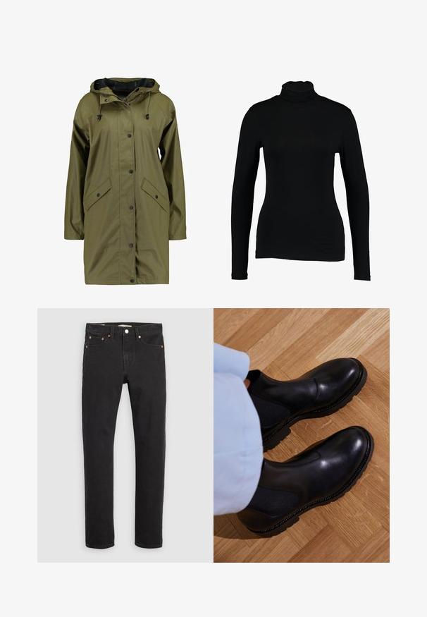 Oliven grøn vandtæt regnjakke med hætte, trykknapper, lange ærmer og to frontlommer. Glat, struktureret ydre finish.; Sort langærmet turtleneck top lavet af glat stof, med et tætsiddende design og høj hals, velegnet til lag-på-lag brug eller som en selvstændig beklædningsgenstand.; Sorte denimjeans med lige ben, fem-lomme-design, metalnitter og kontrasterende syninger. Glat tekstur med en klassisk pasform.; Sorte ankelstøvler lavet af glat læder med elastiske sidepaneler, en tekstureret gummisål og kontraststing langs kanten.