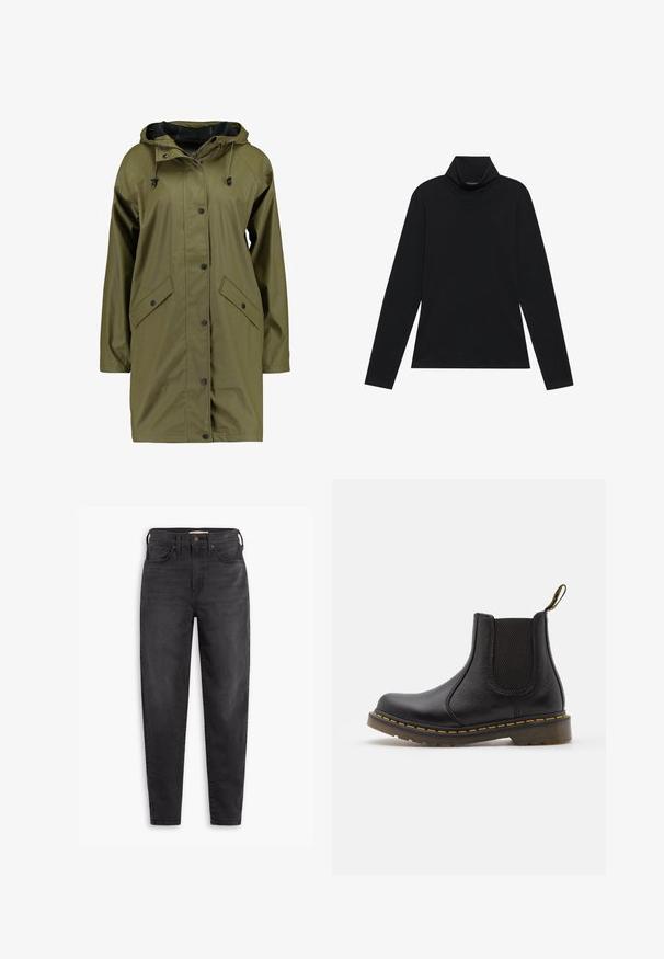 Oliven grøn vandtæt regnjakke med hætte, trykknapper, lange ærmer og to frontlommer. Glat, struktureret ydre finish.; Sort turtleneck med lange ærmer. Blødt stof, tætsiddende design, høj krave og sidesøm. Simpel og alsidig stil, der er velegnet til lag-på-lag.; Sorte højtaljede slim-fit jeans med for- og baglommer, knaplukning og bæltestropper, præsenteret på en hvid baggrund.; Sort læder Chelsea-støvle med elastiske sidepaneler, afrundet tå, gule syninger, gummisål og en trækflig på bagsiden for nem påtagning.