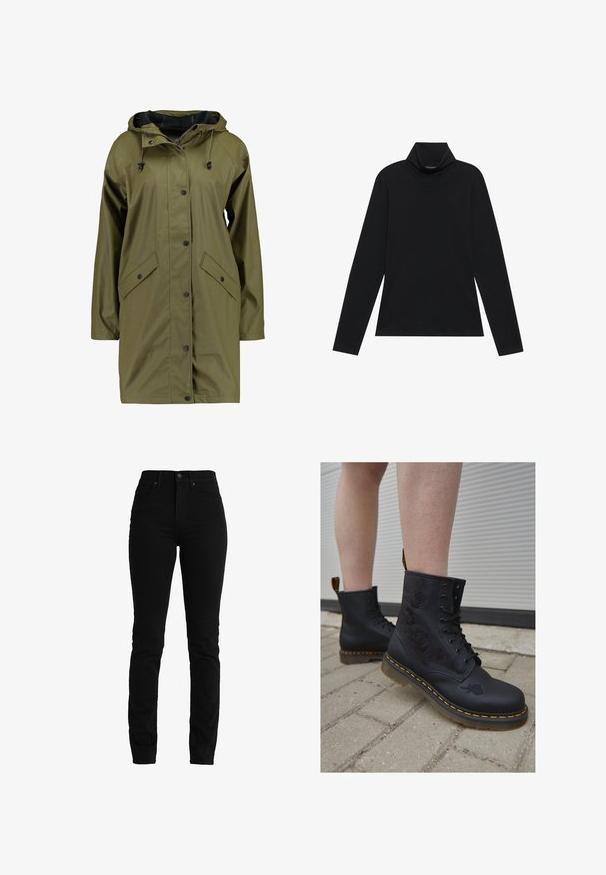 Oliven grøn vandtæt regnjakke med hætte, trykknapper, lange ærmer og to frontlommer. Glat, struktureret ydre finish.; Sort turtleneck med lange ærmer. Blødt stof, tætsiddende design, høj krave og sidesøm. Simpel og alsidig stil, der er velegnet til lag-på-lag.; Sorte denimjeans med en tætsiddende silhuet, højtaljeret og fem lomme-design. Lavet af glat, strækbart materiale for komfort.; Sorte læderstøvler med blomsterbroderi, snørret design, orange syning og en tyk, gennemsigtig sål på en struktureret overflade.