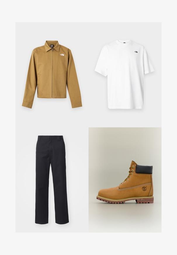 Veste zippée marron clair pour homme avec col, manches longues, poches latérales et logo blanc The North Face sur la poitrine.; T-shirt en coton blanc à manches courtes, col en V, avec un petit logo noir sur le côté supérieur gauche. Texture douce, coupe décontractée.; Pantalons droits noirs en tissu en mélange de coton. Présentent une taille plate avec passants de ceinture et sans matériel ou embellissements visibles.; Bottine en cuir marron avec col noir, lacets jaunes et semelle beige. Présente un logo et des détails de couture blanche. Semelle extérieure à traction robuste.