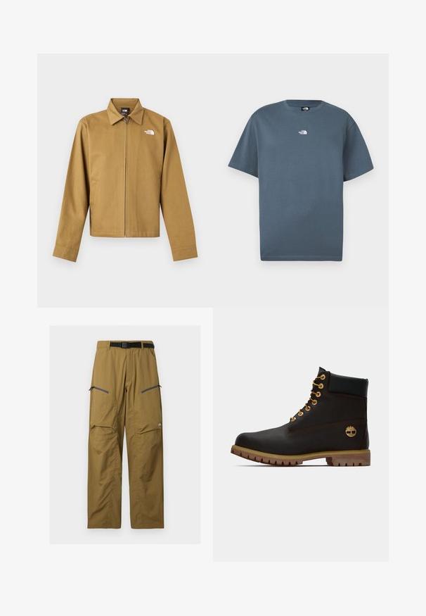 Veste zippée marron clair pour homme avec col, manches longues, poches latérales et logo blanc The North Face sur la poitrine.; T-shirt bleu à manches courtes avec col rond et petit logo blanc "The North Face" centré sur la poitrine.; Pantalon de plein air kaki avec ceinture noire réglable, deux poches zippées sur les cuisses et coutures au niveau des genoux, présenté sur un fond uni.; Bottine noire en cuir avec œillets dorés, accents marron et semelle en caoutchouc. Comprend un col rembourré et un logo estampé sur le côté.