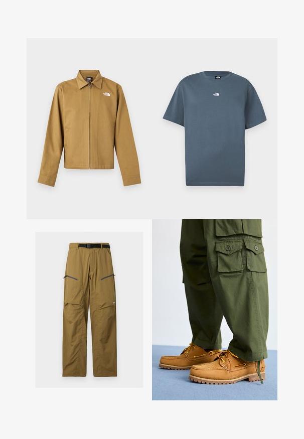 Veste zippée marron clair pour homme avec col, manches longues, poches latérales et logo blanc The North Face sur la poitrine.; T-shirt bleu à manches courtes avec col rond et petit logo blanc "The North Face" centré sur la poitrine.; Pantalon de plein air kaki avec ceinture noire réglable, deux poches zippées sur les cuisses et coutures au niveau des genoux, présenté sur un fond uni.; Timberland AUTHENTIC 3 EYE - Chaussures bateau - wheat